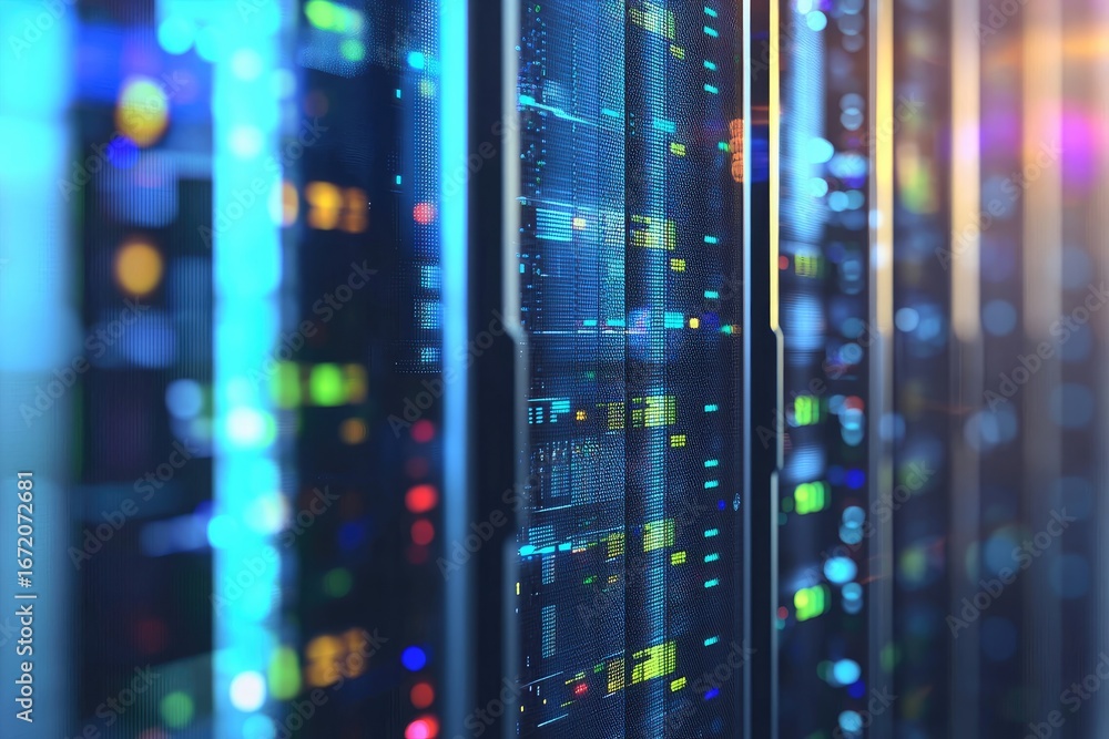 Aufkleber modern data center with illuminated server racks for cloud computing, big data, and digital infrastr