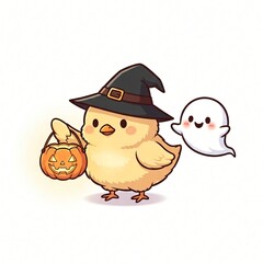 Obraz premium Adorable Chick in Witch Hat with Ghost Halloween Trick or Treating Illustration