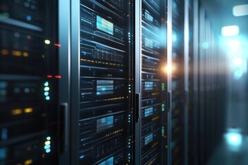 Modern data center with server racks lit by blue and orange lights for cloud technology, secure storage, and network infrastructure, perfect for IT, digital business, and cyber visuals