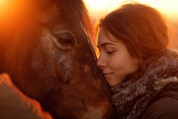 Adventure Therapy. Beautiful Caucasian Woman Hugging Horse at Sunset