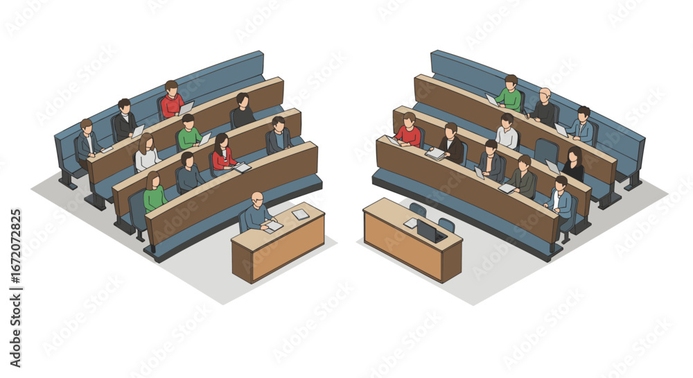 Poster university lecture hall with students and professor in isometric style