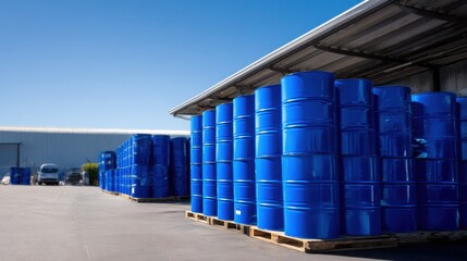 Blue oil drums stacked neatly under warehouse roof, showcasing clean and organized storage area. bright blue color contrasts with clear sky, creating visually appealing scene