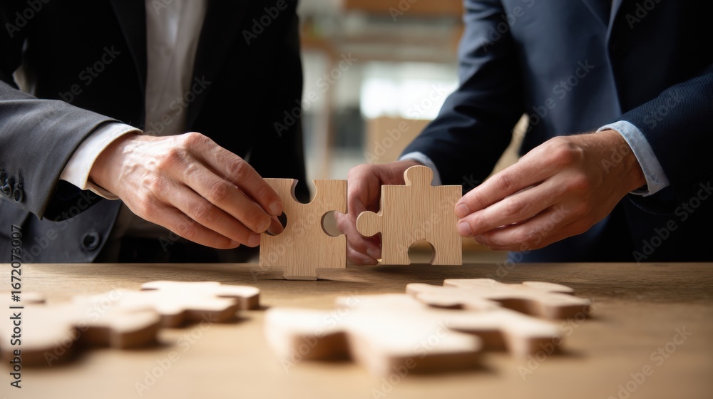 Poster collaborative businesspeople in formal attire connecting wooden puzzle pieces, symbolizing teamwork 