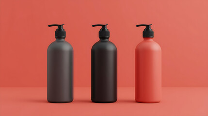 A studio mockup features three cylindrical pump bottles, each with a different shape and color. The bottles are evenly spaced on a coral backdrop, with soft lighting and minimal composition.