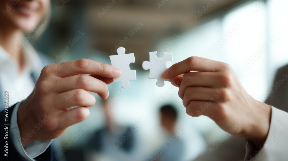 Poster connecting puzzle pieces symbolizes teamwork and collaboration in professional setting. close up sho