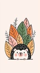 A hedgehog with a playful expression is nestled among vibrant autumn foliage and delicate plants, capturing the essence of fall's beauty and whimsy during this cozy season