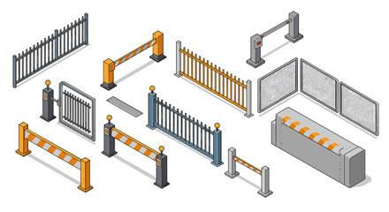 Obraz premium Isometric collection of security and traffic barriers for urban design
