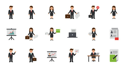 Business professional icons set featuring characters in office situations