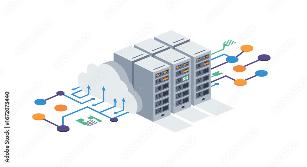 Aufkleber isometric data center with cloud network and server connections