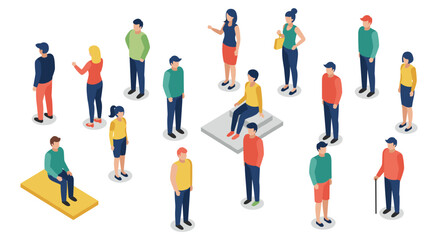 Diverse group of isometric people standing and interacting on white background