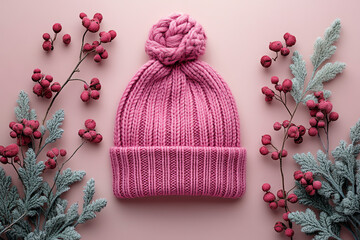 A cozy pink winter hat styled with green foliage and red berries for a vibrant seasonal look.