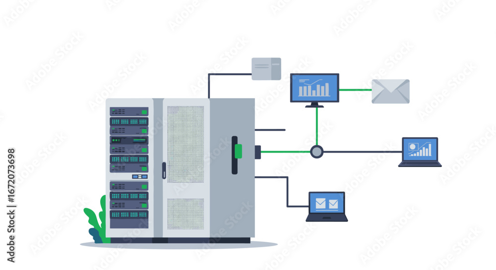 Poster modern data center connected to network devices in flat design