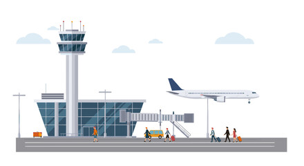 Fototapeta premium Modern airport scene with airplane and travelers in flat design