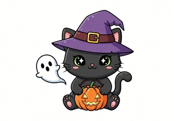 Adorable Halloween Black Cat Witch Cartoon Character with Pumpkin and Ghost