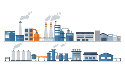 Obraz premium Industrial factory skyline with machinery and smoke emissions in flat design