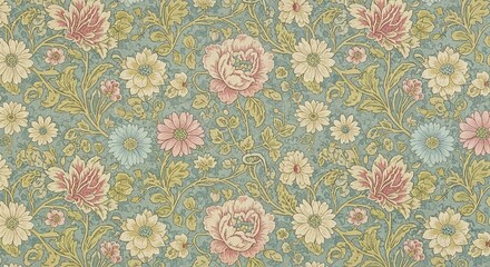 Vintage Floral Wallpaper Design Pastel Blooms Teal Background