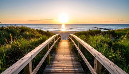 Wooden Pathway to the Ocean at Sunset – Peaceful Beach Landscape with Golden Sky Reflection