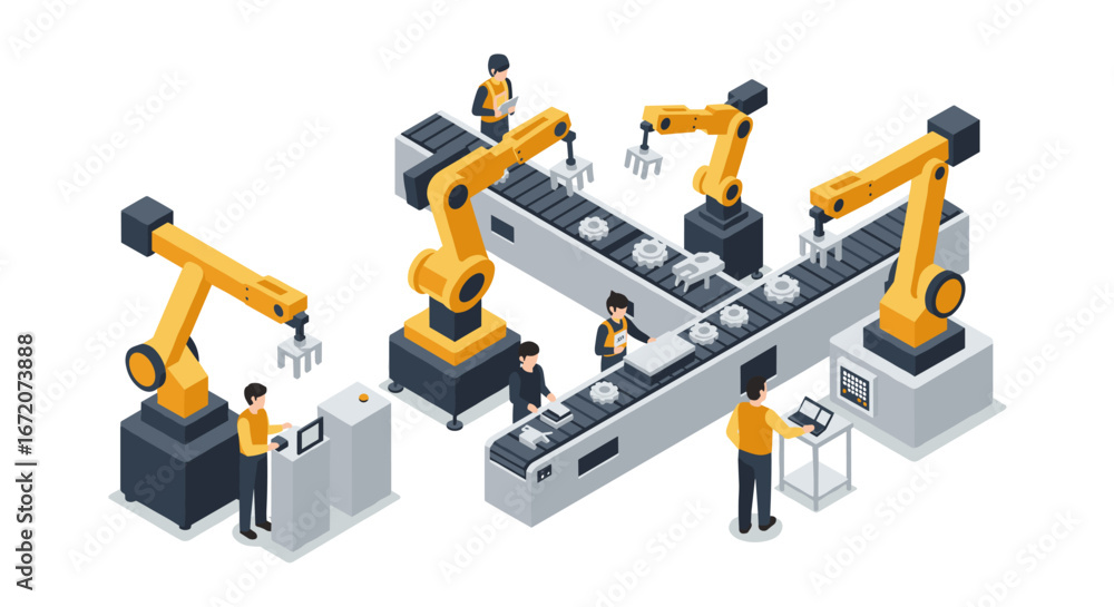 Aufkleber isometric robotic automation in a modern factory setting