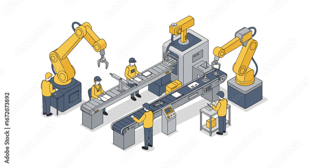 Aufkleber isometric robotic assembly line with workers and machinery in modern factory setting