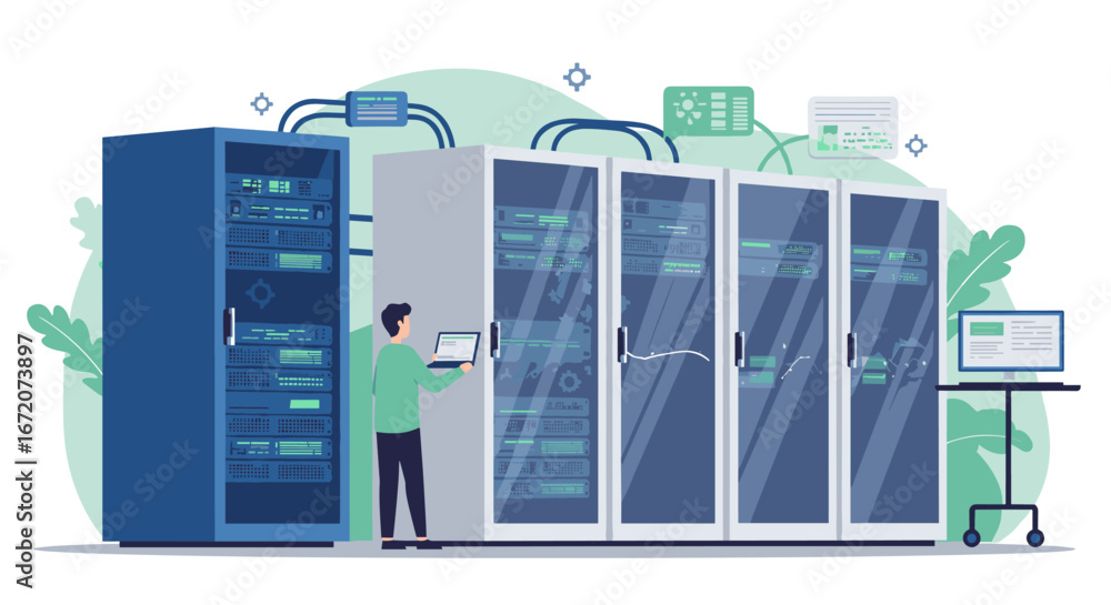 Poster data center management with technician interacting with servers in modern flat style