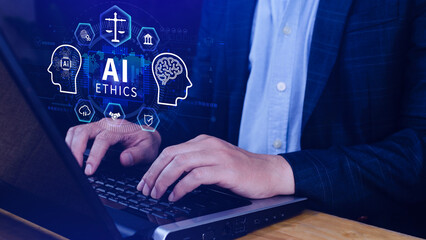 AI ethics expert guides the way, balancing artificial intelligence with humanity, Icons related AI ethics, symbols of legal scales, security, ethical standards and regulations in AI technology.