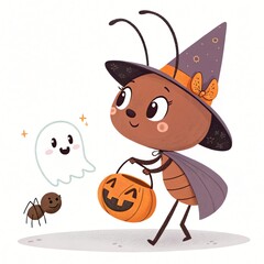 Adorable Ant Witch Trick or Treating with Ghost and Spider for Halloween