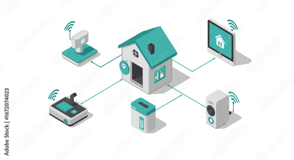 Aufkleber smart home network with connected devices in isometric style