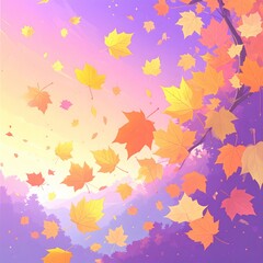 Digital illustration of colorful falling autumn leaves on gradient background