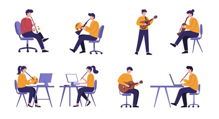 Naklejka premium Musicians practicing instruments in office setting with diverse styles