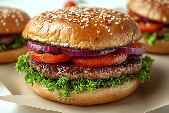 A delicious cheeseburger featuring fresh lettuce, tomato, and onion in a toasted sesame seed bun, perfect for any meal.