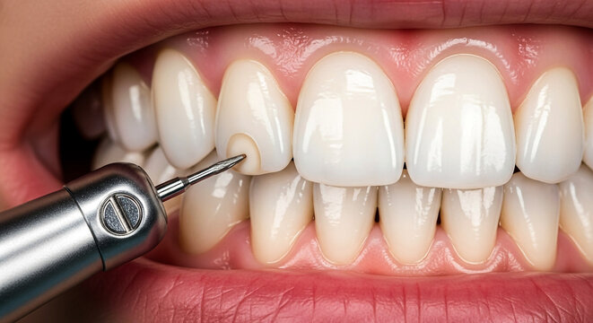 Experience the transformation of a smile with professional dental polishing This detailed view captures the delicate process of enhancing tooth brightness and health with precision dental equipment