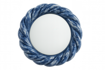 Ceramic blue frame with intricate twisted pattern, revealing white circular interior against transparent backdrop
