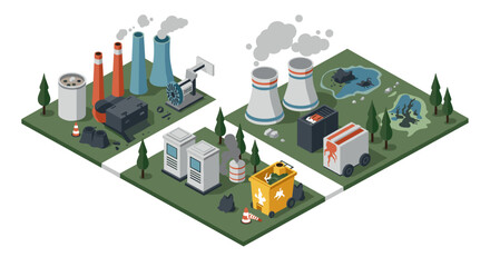 Fototapeta premium Isometric pollution concept with factories and environmental damage