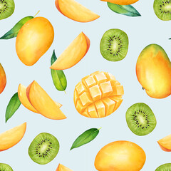 Seamless pattern with watercolor mango and kiwi fruits with green leaves on bright blue background