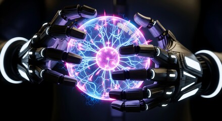 Futuristic robotic hands holding a vibrant, glowing plasma ball, illustrating advanced technology and energy concepts.