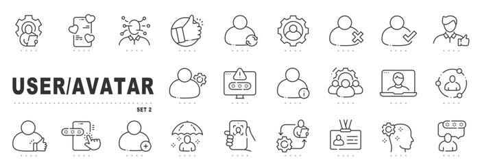 User and avatar line icons for account management, login authentication, verification, settings, mobile app profiles, security, privacy, onboarding, editable stroke