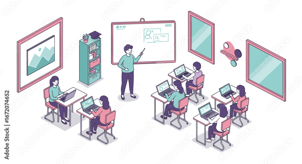 Poster isometric classroom with students and teacher using technology in modern learning environment