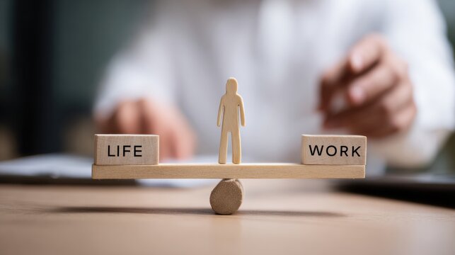 Close up of wooden balance scale with human figure cutout positioned between blocks labeled LIFE and WORK, symbolizing concept of work life balance and personal well being