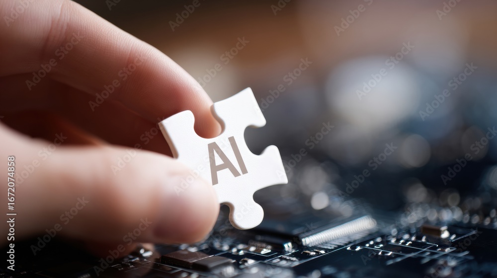 Poster close up of hand holding puzzle piece with ai icon, placed on circuit board, symbolizing integration