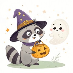Adorable Raccoon in Witch Hat with Pumpkin Trick or Treat Bag and Friendly Ghost for Halloween
