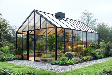 Naklejka premium A modern greenhouse showcasing lush greenery, vibrant plants, and an inviting atmosphere for gardening enthusiasts.