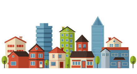 Colorful urban skyline with modern and traditional buildings in flat style