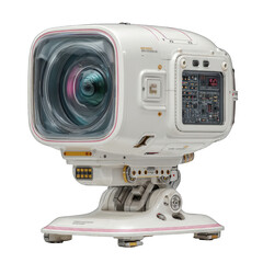 Futuristic, white camera-like device with a large lens and control panel