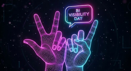 Digital art celebrating bi visibility day with hands forming peace sign