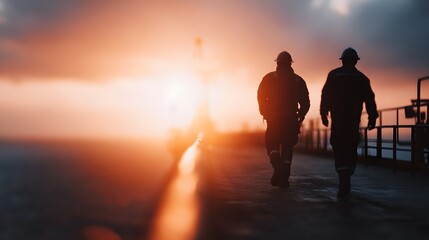 Fototapeta premium Silhouetted workers cross bridge at sunrise