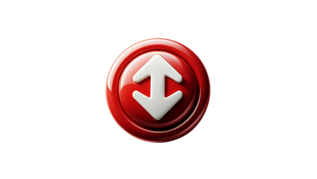 Red oval button with up and down arrows isolated on transparent background