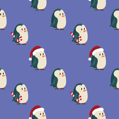 Seamless vector pattern with cute penguins in Santa hats on purple background, festive winter holiday illustration for decor and packaging
