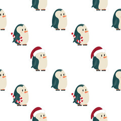 Cute penguins seamless pattern on white background, Christmas and New Year winter holiday vector illustration for wrapping paper and fabric