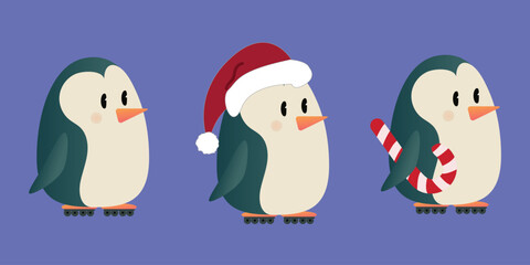 Vector illustration of cute penguins with Santa hat and candy cane, cartoon winter Christmas character for decoration, sticker, print and design