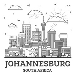 Naklejka premium Outline Johannesburg South Africa City Skyline with Modern and Historic Buildings Isolated on White. Johannesburg Cityscape with Landmarks.